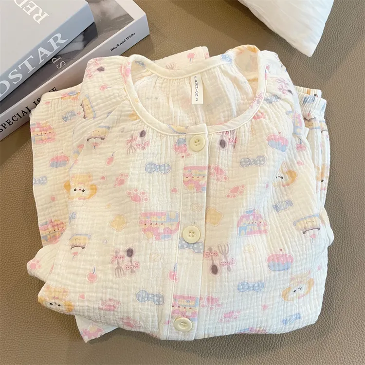 双层纯棉纱布睡衣女夏季短袖日系可爱卡通春秋新款100%全棉家居服