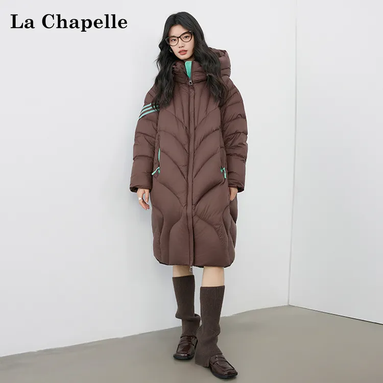 拉夏贝尔设计感小众休闲条杠连帽抽绳中长款羽绒服女宽松保暖外套