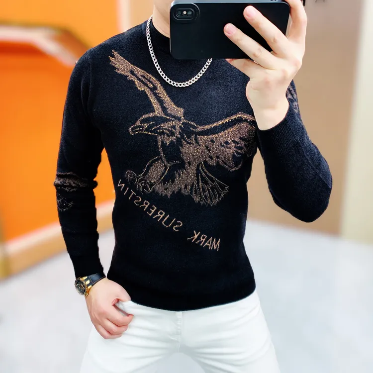 阿凯严选-欧货冬季新款男士潮流时尚针织摩卡绒修身老鹰圆领毛衣