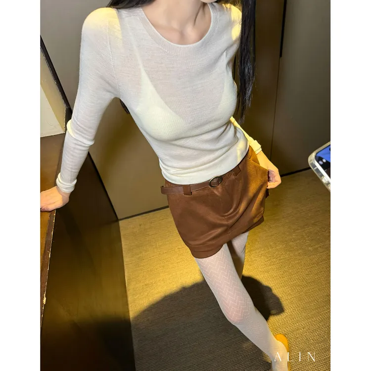 阿琳ALIN【云半】百搭显瘦羊毛打底女微透针织圆领长袖上衣AL5HZS15