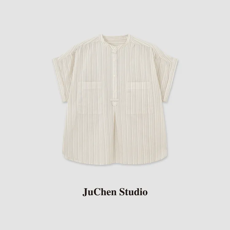 文艺清新细条纹双口袋落肩飞袖遮肉衬衫短袖 SS104019-16