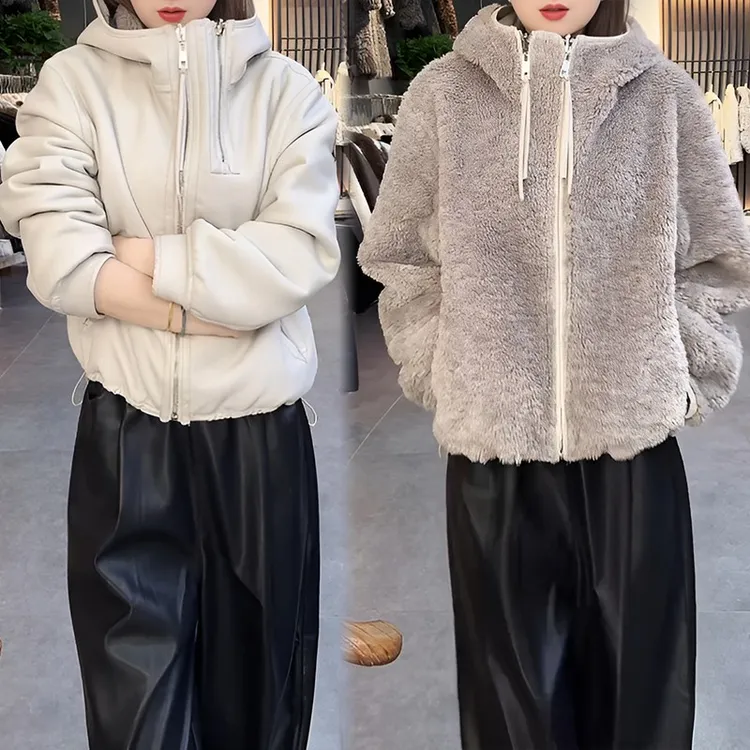 韩版皮毛一体两面双穿冬季连帽轻奢中年女装外套洋气显瘦保暖上衣