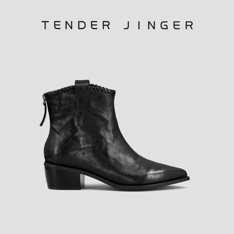 Tender Jinger手抓牛皮尖头短靴切尔西靴ZS1059