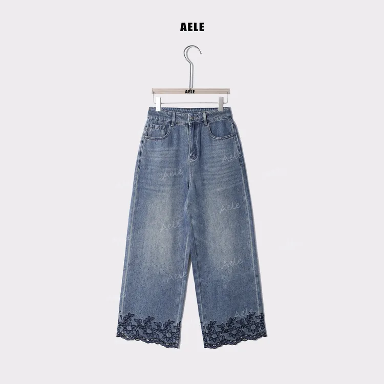 AELE【浪漫星空】静奢风直筒裤刺绣花边水洗牛仔裤 K853 2518 AD
