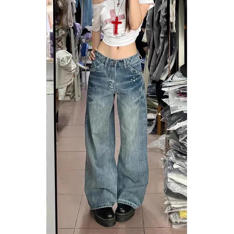 设计感宽松休闲显瘦牛仔裤女2025夏秋新款美式复古铆钉低腰直筒裤