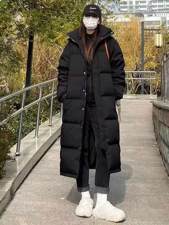 中戏羽绒服女中长款2025年新款过膝连帽加厚艺考情侣黑色宽松外套