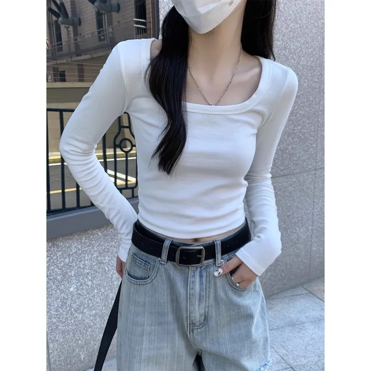 白色方领锁骨正肩长袖t恤女2025秋季新款修身内搭短款打底衫上衣