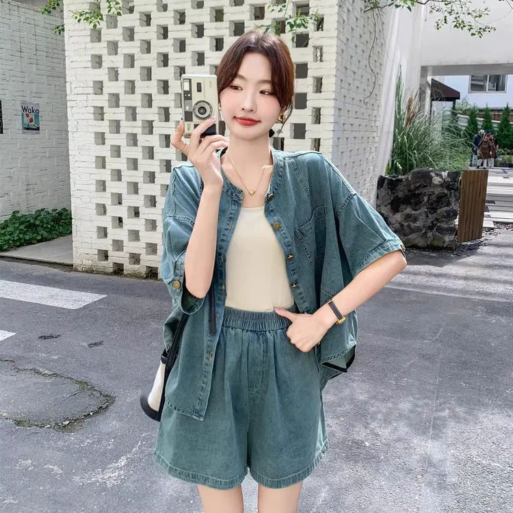 夏季盐系甜酷炸街小牛仔短裤上衣两件套女小个子大码宽松外穿套装