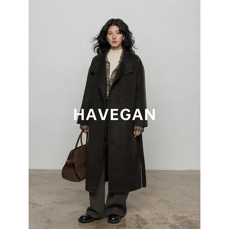 与间HAVEGAN/冬季100澳洲羊毛呢子大衣女中长款浴袍翻领毛呢外套