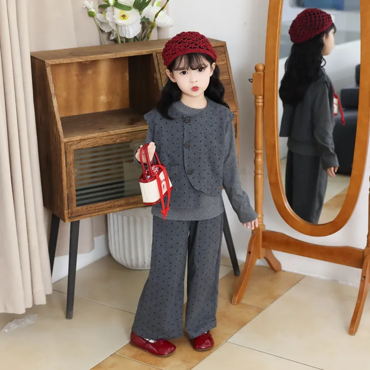 女童亲子装秋上新韩版女童波点马甲三件套洋气韩版三件套装