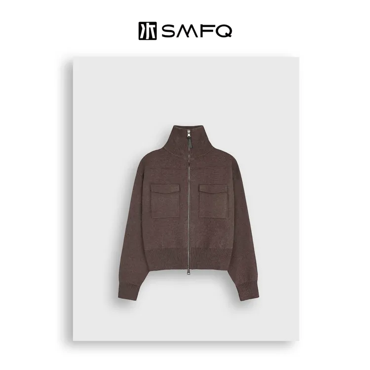 水木夫妻 精纺羊毛经典立领双拉链口袋针织衫毛衣外套