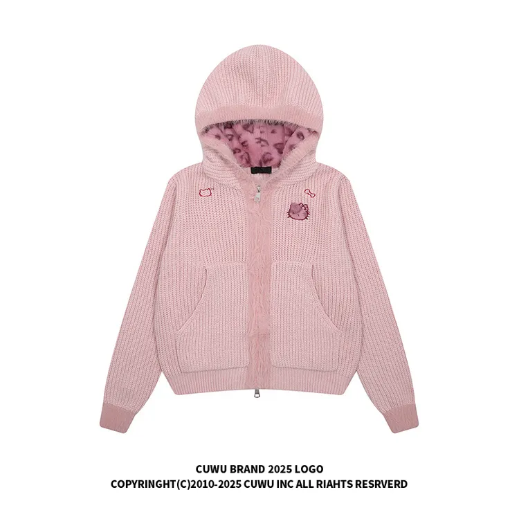 cuwu粉色kitty刺绣豹纹拼接连帽毛衣女秋冬短款拉链针织开衫外套