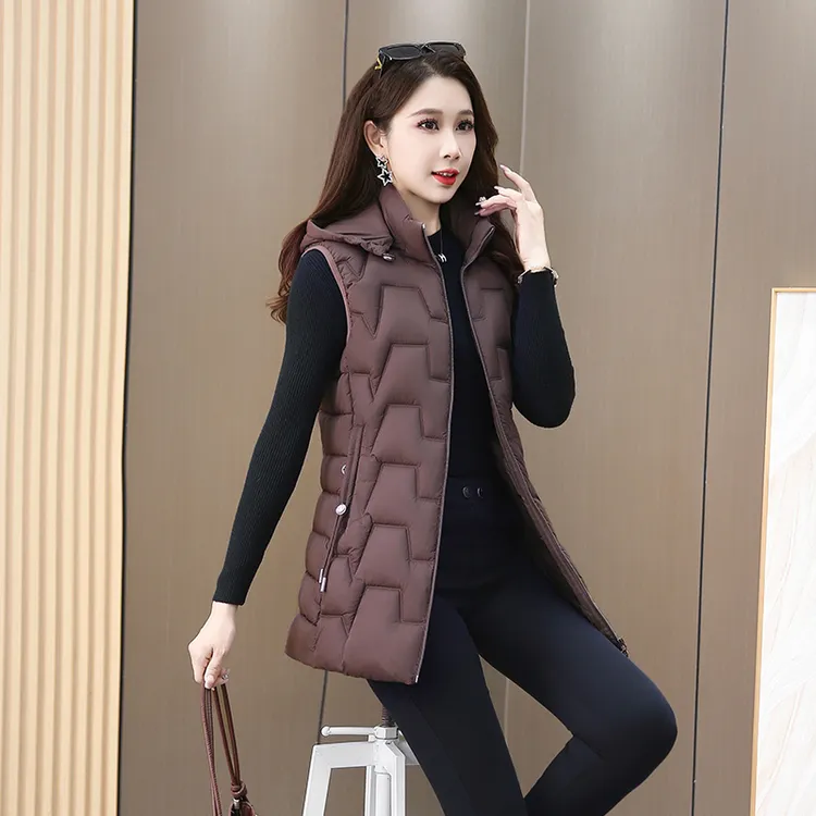 女士中长款连帽棉马甲外穿显瘦秋冬百搭棉服防寒保暖大码休闲马夹