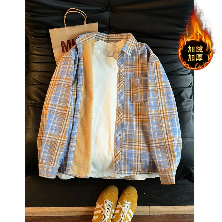 vintage黄格子长袖衬衫男秋冬加绒保暖格纹衬衣美式复古情侣外套