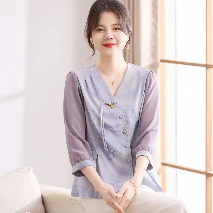 喜卉妈妈夏装国风T恤小衫洋气中老年女装七分袖上衣服母亲节礼物