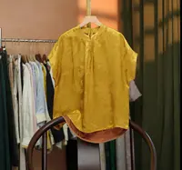 {夕月}女士气质短款新中式短袖立领T恤宽松中国风设计师飞袖上衣