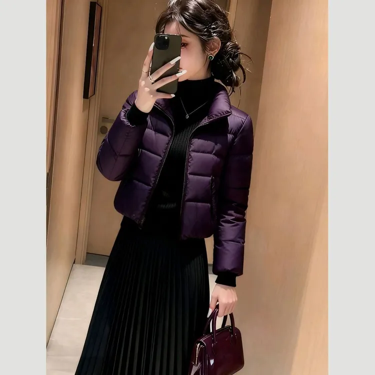 2026冬季新款紫色短款加厚棉服女立领显瘦保暖修身外套时尚洋气