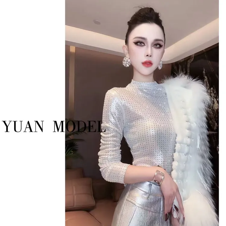 YUAN MODEL/媛老板-时装烫钻亮闪闪弹力长袖T恤打底上衣 101410