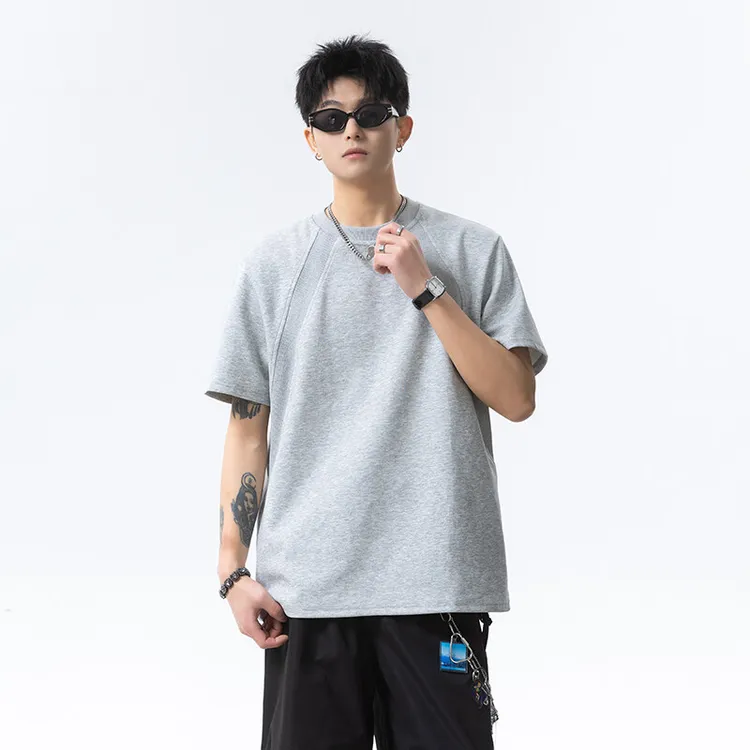 美式解构拼接纯色T恤男夏重磅boxy宽松短袖体恤复古休闲圆领上衣