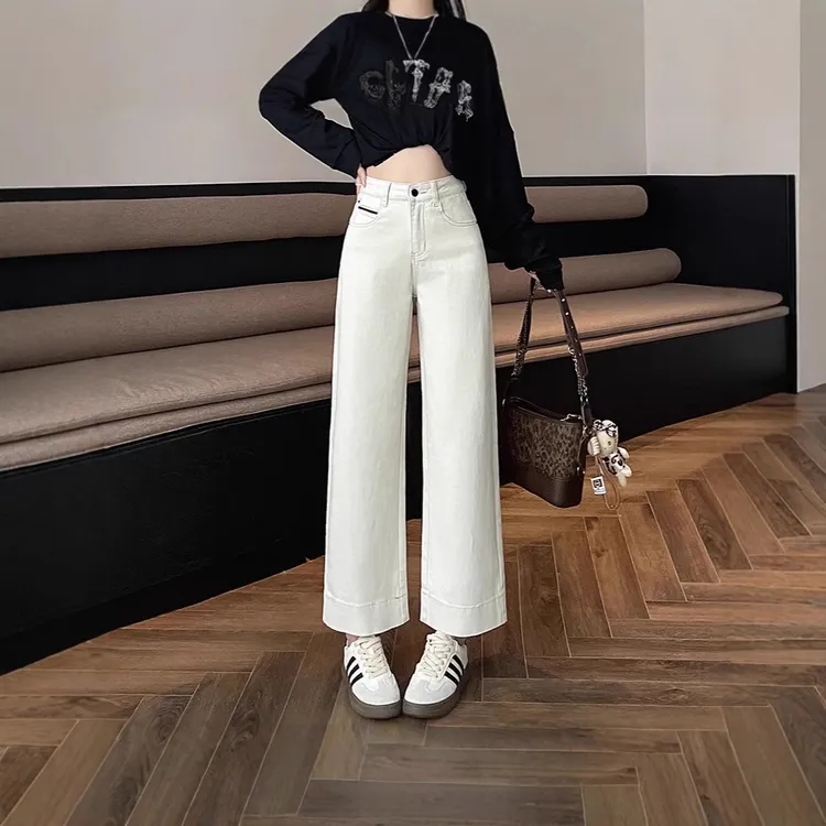 1600高含棉量牛仔女裤米白色高腰透气小个子直筒牛仔裤甜美女装款