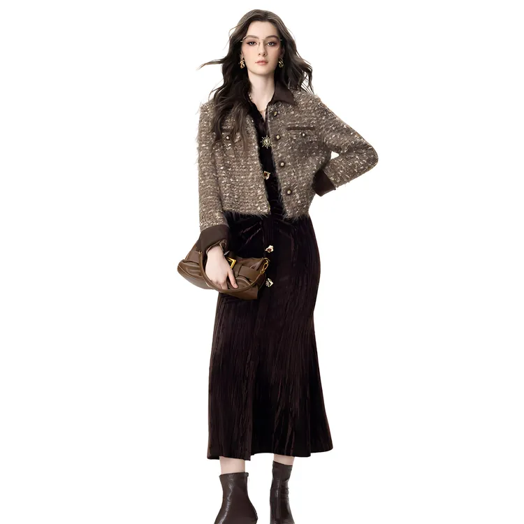 aui小香风复古粗花呢短外套女冬季职场通勤高级感上衣25D101286