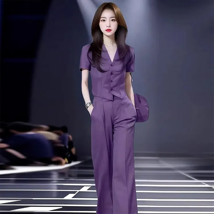 时尚套装女夏季新款洋气高级感职业套装显瘦V领上衣阔腿裤两件套