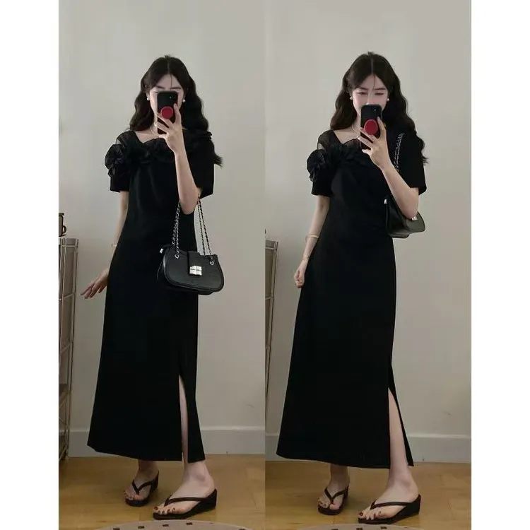 大码斜肩立体花朵皱褶收腰显瘦连衣裙夏新款黑色气质开叉洋气长裙