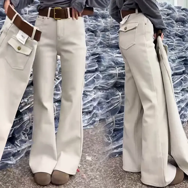 露思同款奶茶色加厚绒显瘦微喇裤冬季新款男友风牛仔裤百搭腿精裤