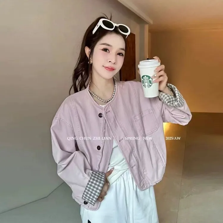 时尚格子拼接短外套女2025春季新款韩版宽松百搭小个子夹克上衣潮