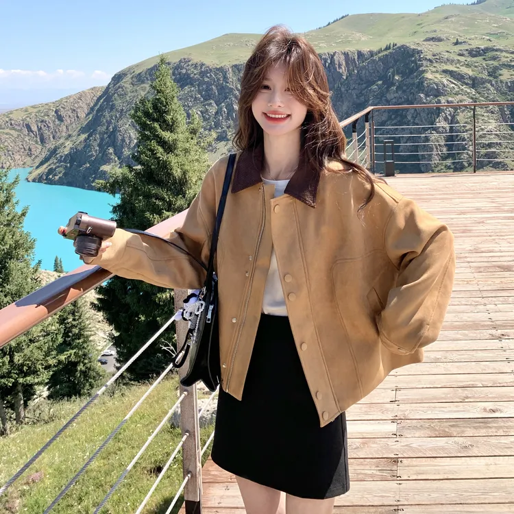 复古撞色翻领麂皮绒短外套女2025秋季新款小个子气质休闲夹克上衣