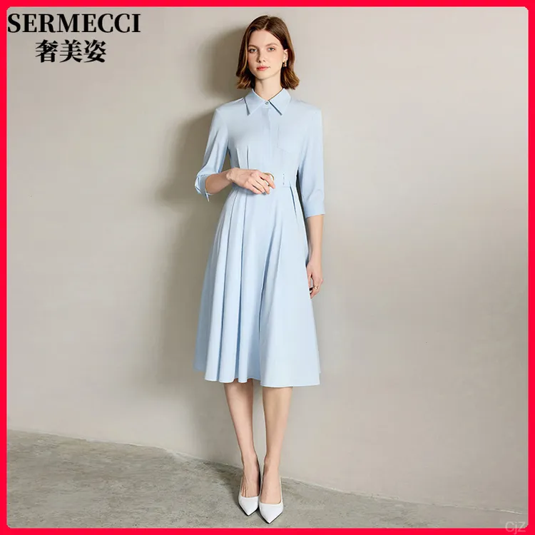 蓝色衬衫式秋季款新款气质收腰显瘦洋装中长版裙子白领通勤上班服