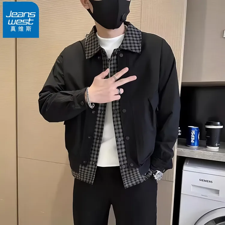 真维斯Jeanswest/男士假两件格子外套韩版新款春秋季休闲痞帅夹克