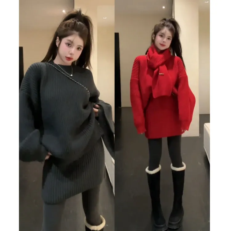 流行一整套2025秋冬新款时尚减龄慵懒风百搭针织毛衣短裙两件套