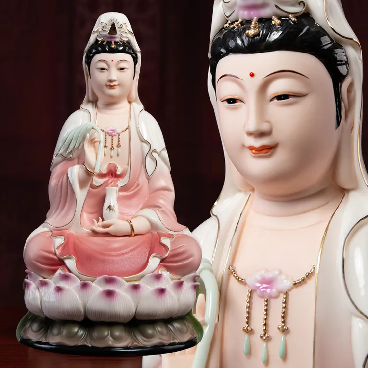 七珍陶瓷《坐莲南海观音》摆件12粉衣观音像客厅居家家用工艺品装饰