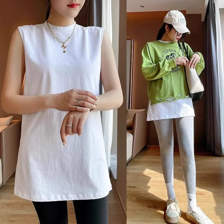 芊芊芙卫衣内搭白色立领无袖背心女中长款宽松无袖打底衫叠穿神器