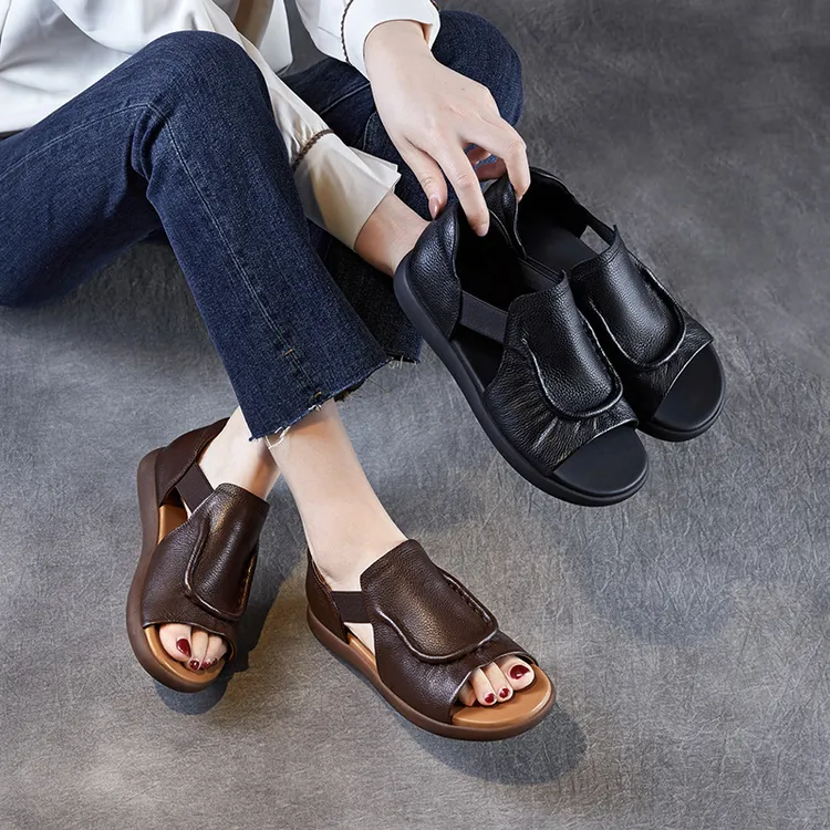 头层牛皮复古手工凉鞋女2025夏季新款透气平底露趾罗马沙滩凉鞋