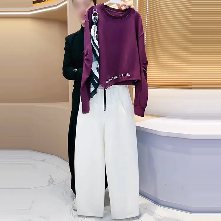 设计感丝巾短款卫衣套装女秋季款时尚洋气两件套白色阔腿直筒裤子