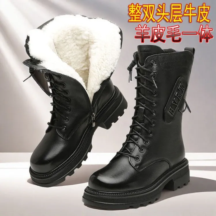 头层牛皮马丁靴女加厚加绒中筒靴厚底机车靴冬季真厚底中筒马丁靴