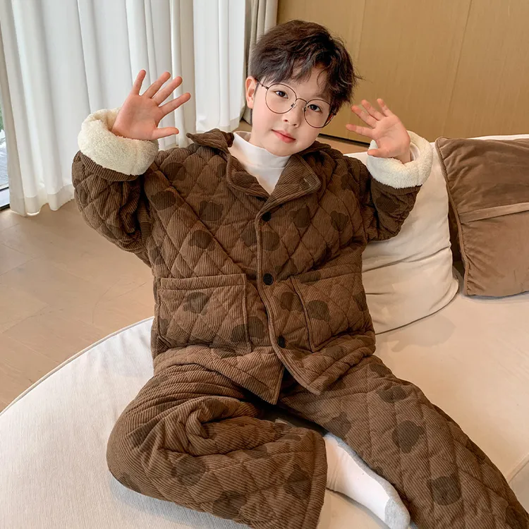 男童加绒睡衣秋冬季2025新款冬装加厚大儿童夹棉保暖家居服套装潮