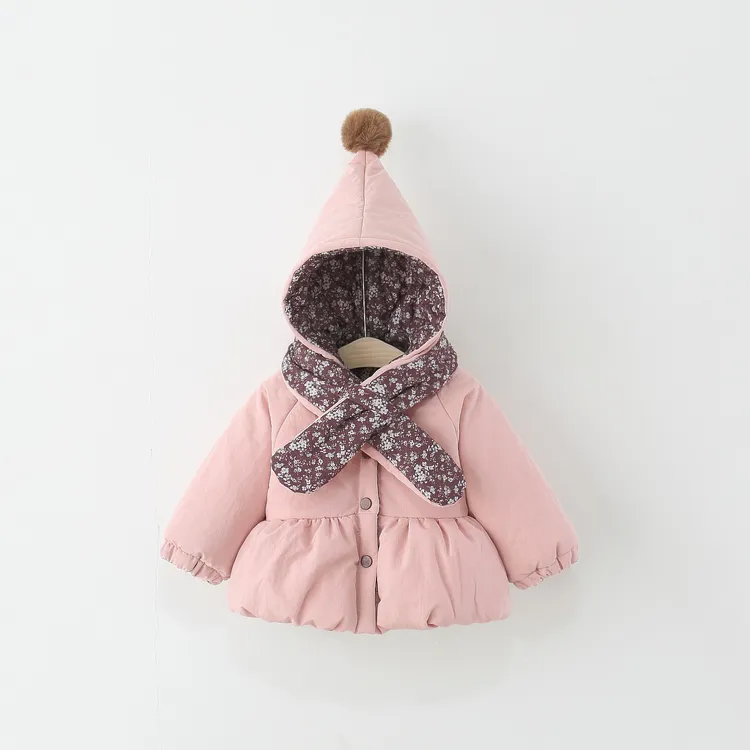童装女童棉服冬季儿童碎花围脖连帽棉衣外套婴儿宝宝棉袄加绒加厚