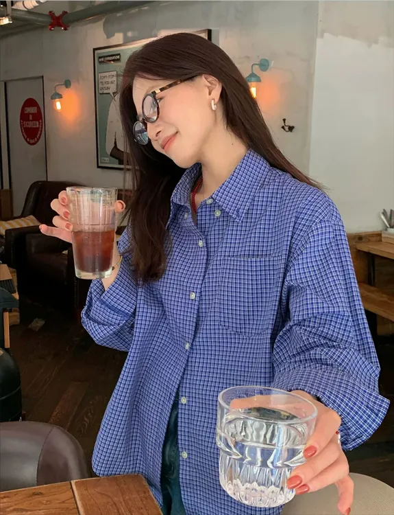 2025韩系教科书全棉复古蓝格子衬衫女小个子宽松长袖休闲叠穿衬衣