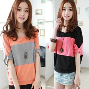 夏季女装胖韩版中长款大码女装蝙蝠袖拼接条纹宽松一字牛仔裤女孩