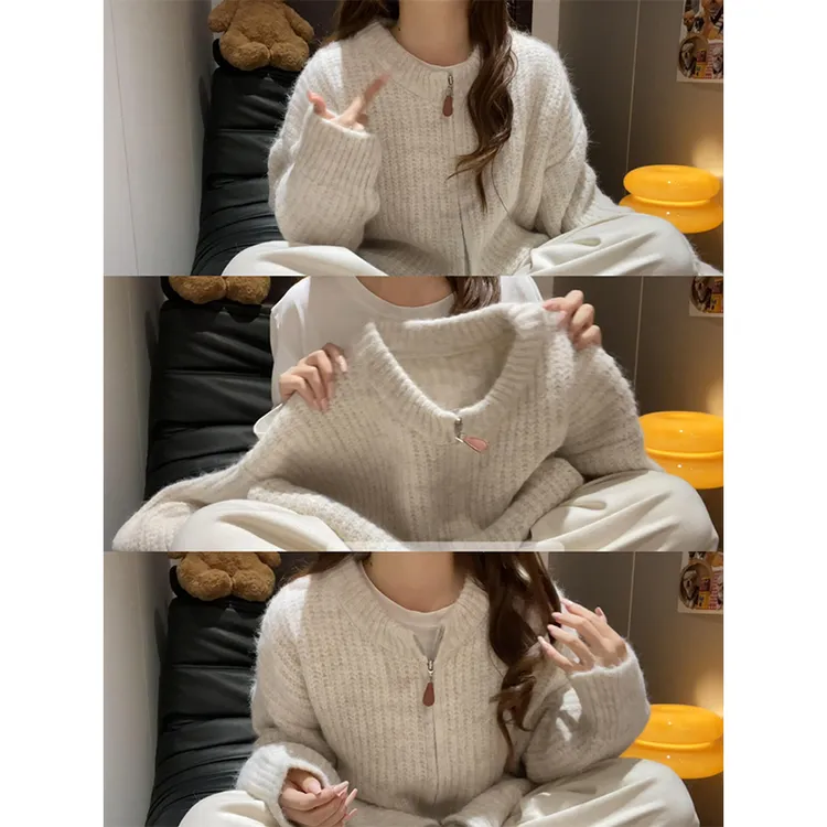 MARIE.COCO减龄穿搭女秋冬新款慵懒风圆领长袖针织毛衣外套休闲裤