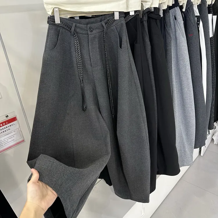 秋冬加绒加厚韩系慵懒感毛呢阔腿裤女显瘦豹纹弯刀休闲裤