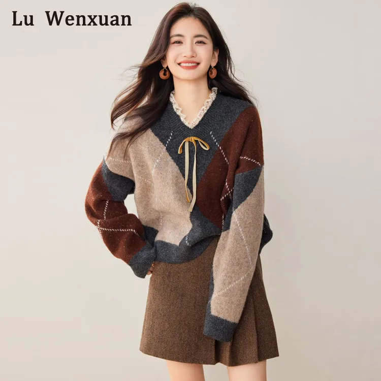 美拉德V领毛衣女菱格慵懒风套头针织衫系带蝴蝶结蕾丝拼接v字领