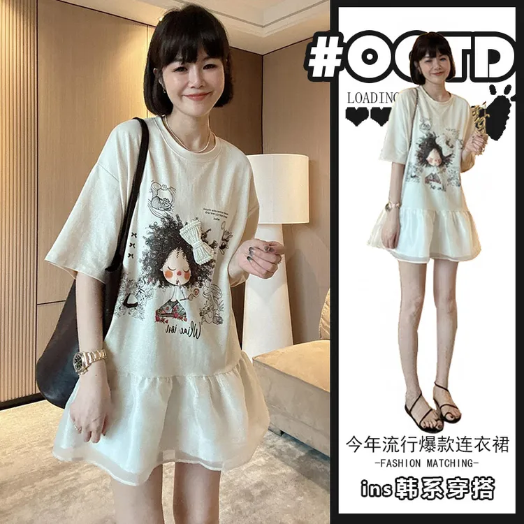 小个子别致独特可甜可盐连衣裙夏季美式卡通小女孩印花A字裙