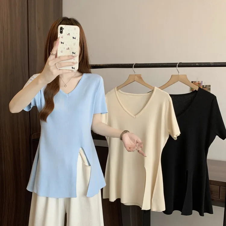 2025新款大码收腰中长款显瘦针织开叉上衣71929