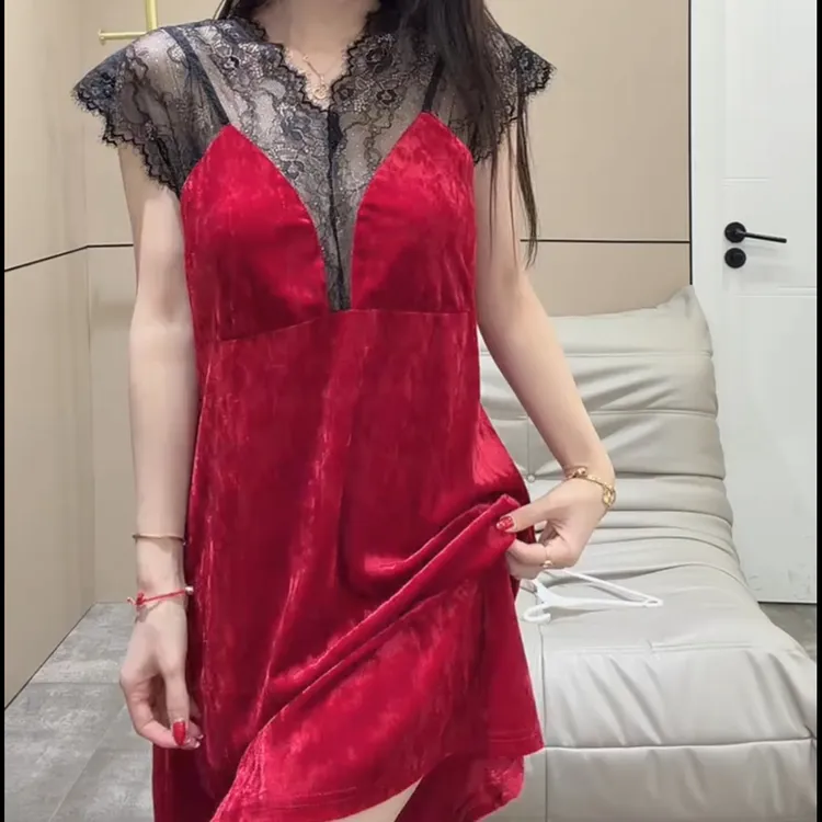 新款超美丝绒性感蕾丝仙女睡裙家居服