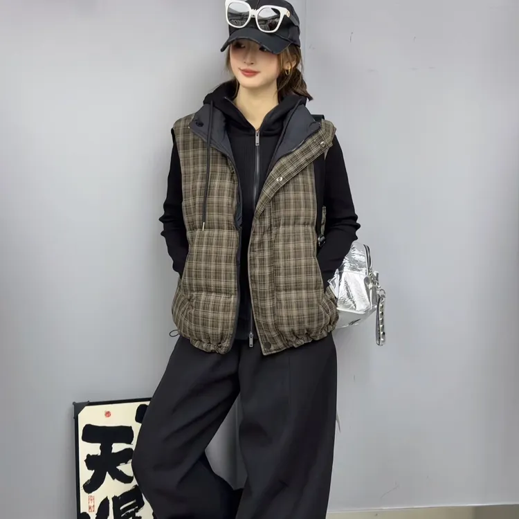 堆堆领秋季冬季常规款格子女马夹时尚加厚网红韩版