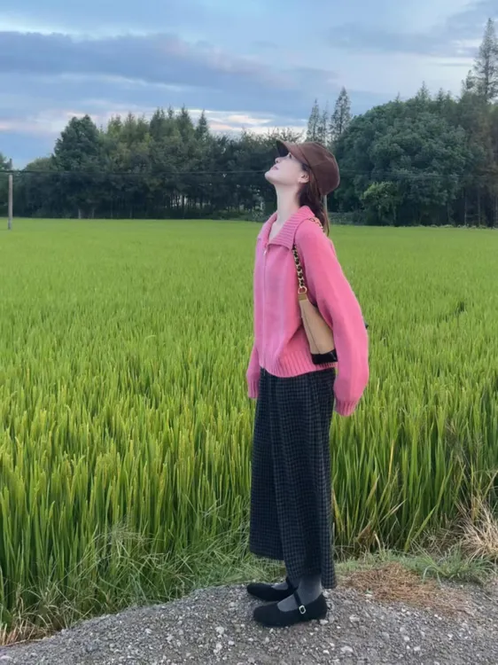2025秋季新款韩系慵懒风双拉链翻领毛衣长袖针织上衣女格子休闲裤